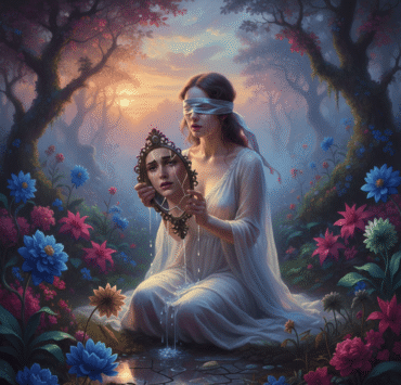 Imagen de realismo mágico: mujer con una venda en los ojos sosteniendo un espejo roto, generada por IA para The Goa Media