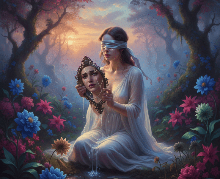 Imagen de realismo mágico: mujer con una venda en los ojos sosteniendo un espejo roto, generada por IA para The Goa Media