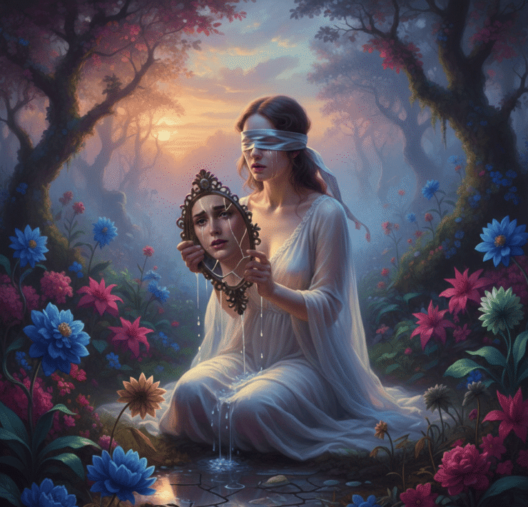 Imagen de realismo mágico: mujer con una venda en los ojos sosteniendo un espejo roto, generada por IA para The Goa Media