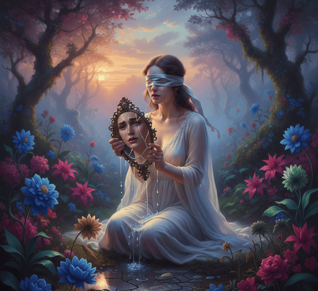 Imagen de realismo mágico: mujer con una venda en los ojos sosteniendo un espejo roto, generada por IA para The Goa Media