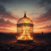 Jaula prendida en llamas de fondo un cielo naranjado. Metáfora de un sentimiento que atormenta y desaparece.