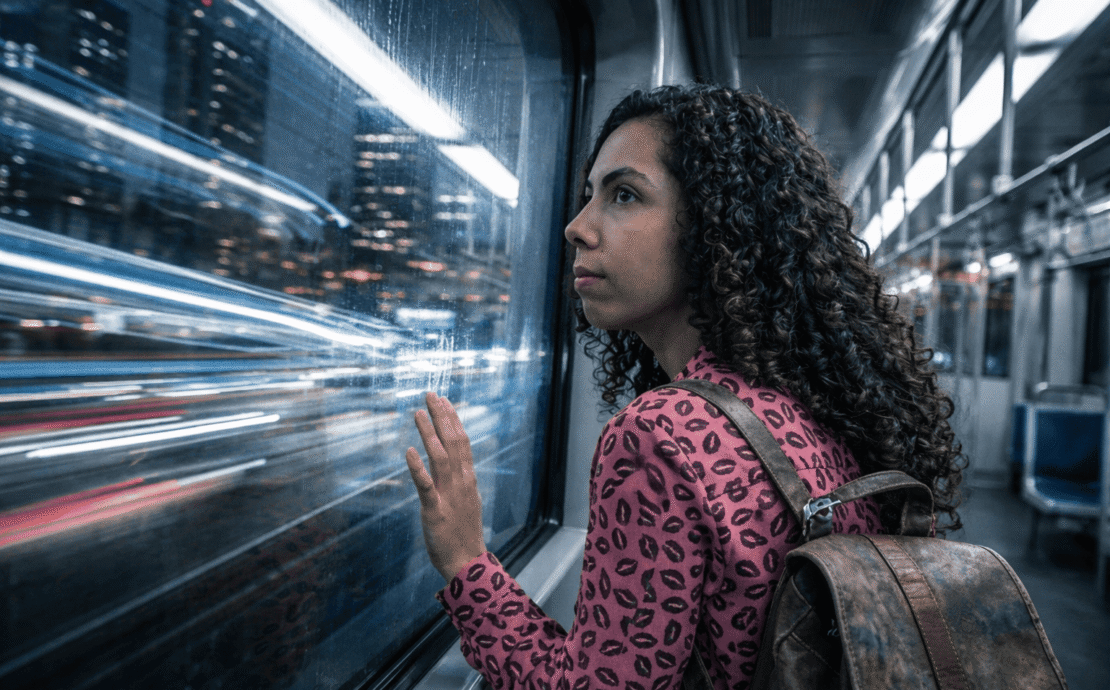 Anlli en el Metro de Medellín: Retrato detallado de una mujer joven con cabello rizado apoyada en la ventana del metro de Medellín; las ráfagas de luz nocturna y el rastro de movimiento al fondo reflejan la velocidad del transporte urbano, en una jornada de trabajo que empieza en la madrugada.