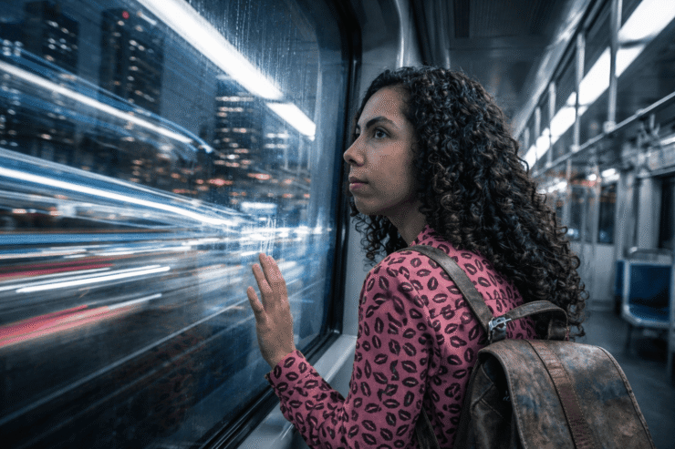 Anlli en el Metro de Medellín: Retrato detallado de una mujer joven con cabello rizado apoyada en la ventana del metro de Medellín; las ráfagas de luz nocturna y el rastro de movimiento al fondo reflejan la velocidad del transporte urbano, en una jornada de trabajo que empieza en la madrugada.