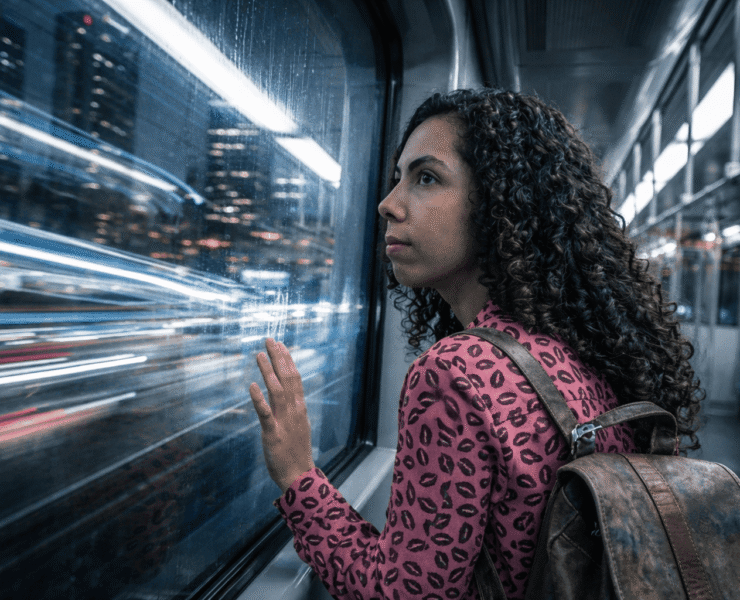 Anlli en el Metro de Medellín: Retrato detallado de una mujer joven con cabello rizado apoyada en la ventana del metro de Medellín; las ráfagas de luz nocturna y el rastro de movimiento al fondo reflejan la velocidad del transporte urbano, en una jornada de trabajo que empieza en la madrugada.