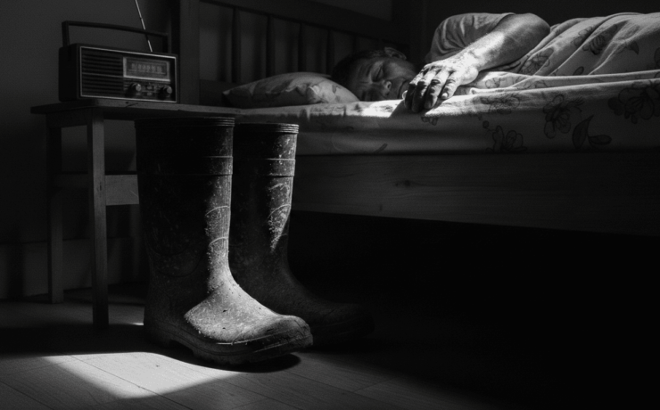 Reflexión sobre la herencia de las botas pantaneras en el campo colombiano.: Fotografía artística en blanco y negro que muestra la habitación humilde de un campesino; en primer plano, unas botas pantaneras de caucho desgastadas esperan junto a una mesa donde reposa un radio antiguo, mientras al fondo se observa la silueta del trabajador descansando en su cama, simbolizando la pausa necesaria tras la labor y la fidelidad de sus herramientas.