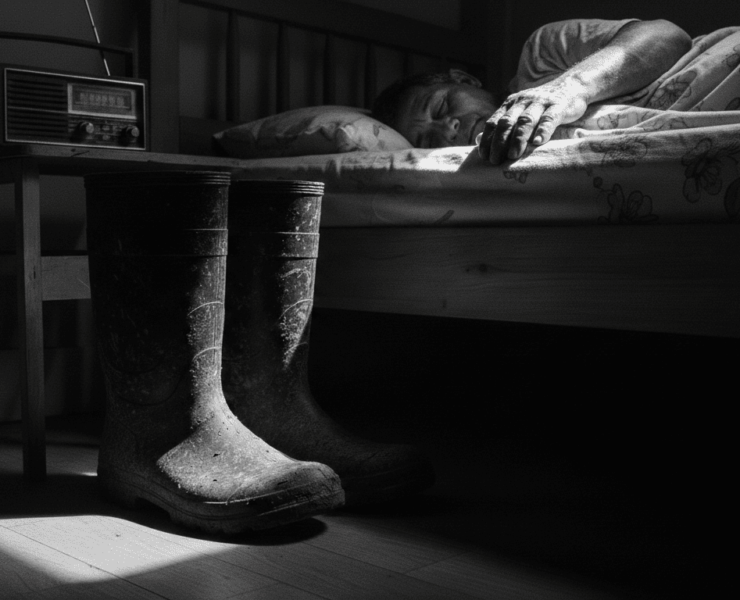 Reflexión sobre la herencia de las botas pantaneras en el campo colombiano.: Fotografía artística en blanco y negro que muestra la habitación humilde de un campesino; en primer plano, unas botas pantaneras de caucho desgastadas esperan junto a una mesa donde reposa un radio antiguo, mientras al fondo se observa la silueta del trabajador descansando en su cama, simbolizando la pausa necesaria tras la labor y la fidelidad de sus herramientas.