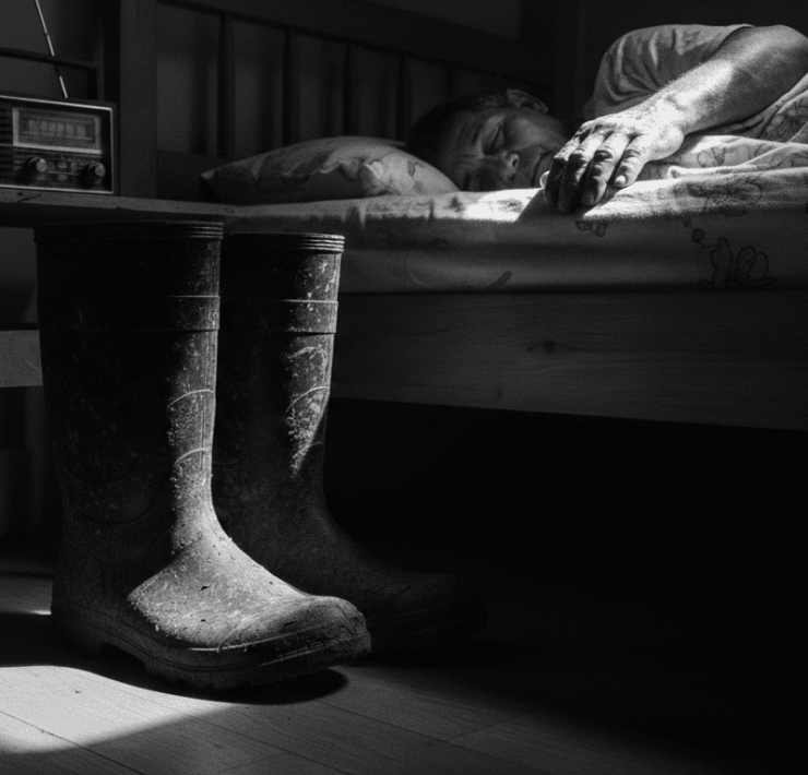 Reflexión sobre la herencia de las botas pantaneras en el campo colombiano.: Fotografía artística en blanco y negro que muestra la habitación humilde de un campesino; en primer plano, unas botas pantaneras de caucho desgastadas esperan junto a una mesa donde reposa un radio antiguo, mientras al fondo se observa la silueta del trabajador descansando en su cama, simbolizando la pausa necesaria tras la labor y la fidelidad de sus herramientas.