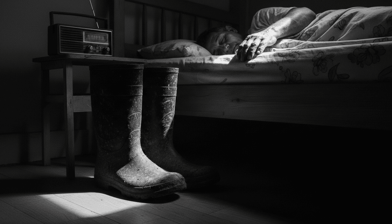 Reflexión sobre la herencia de las botas pantaneras en el campo colombiano.: Fotografía artística en blanco y negro que muestra la habitación humilde de un campesino; en primer plano, unas botas pantaneras de caucho desgastadas esperan junto a una mesa donde reposa un radio antiguo, mientras al fondo se observa la silueta del trabajador descansando en su cama, simbolizando la pausa necesaria tras la labor y la fidelidad de sus herramientas.