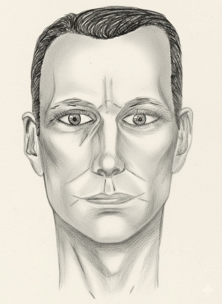Retrato artístico realizado a lápiz que muestra el rostro de un hombre de facciones serenas y mirada profunda. Un dibujo original de Anlli Murillo que simboliza el duelo y memoria tras la mudanza infinita de un padre.