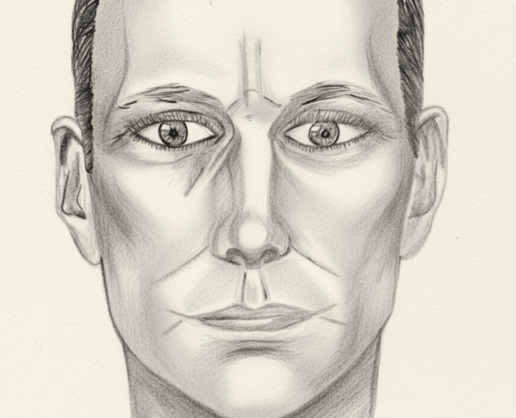 Retrato artístico realizado a lápiz que muestra el rostro de un hombre de facciones serenas y mirada profunda. Un dibujo original de Anlli Murillo que simboliza el duelo y memoria tras la mudanza infinita de un padre.