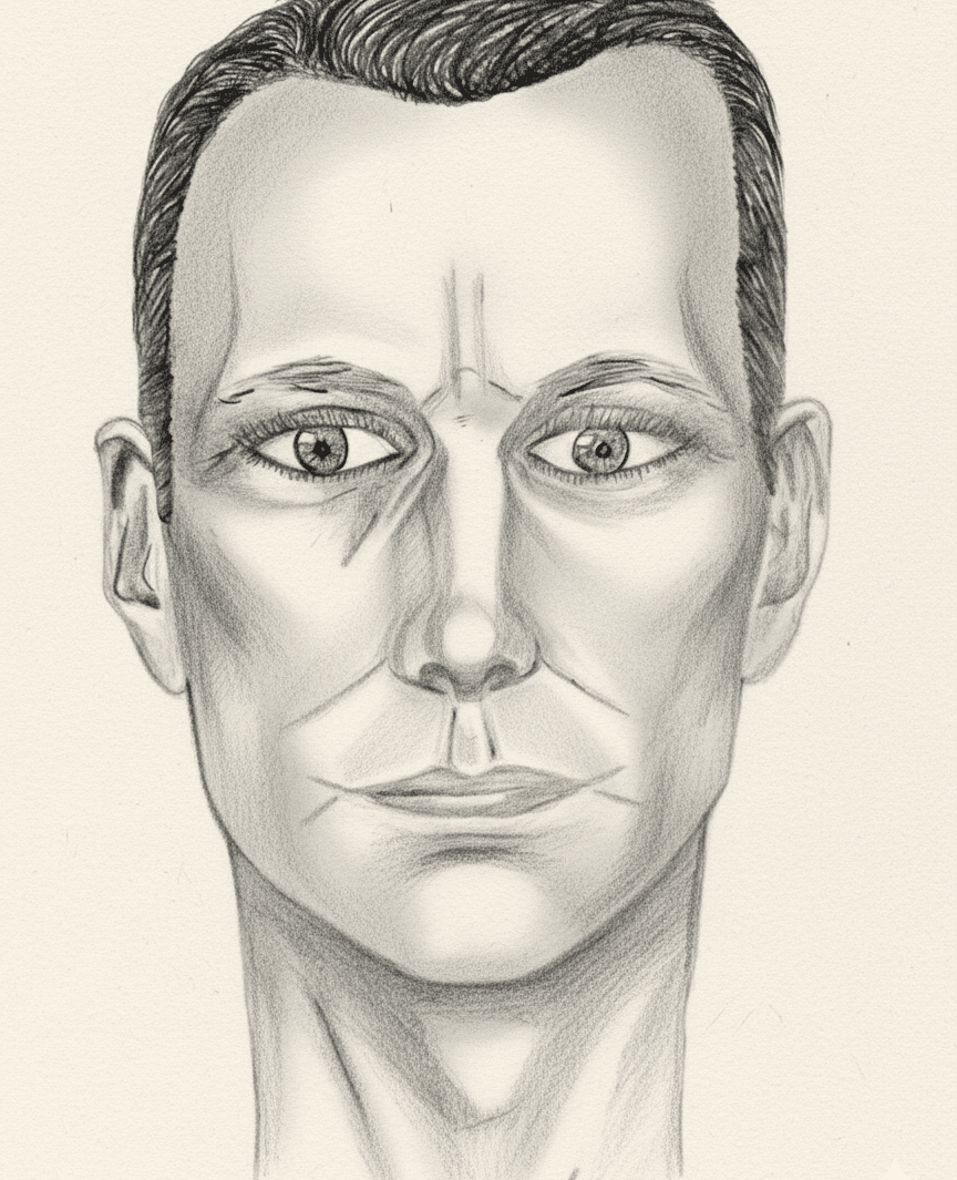 Retrato artístico realizado a lápiz que muestra el rostro de un hombre de facciones serenas y mirada profunda. Un dibujo original de Anlli Murillo que simboliza el duelo y memoria tras la mudanza infinita de un padre.