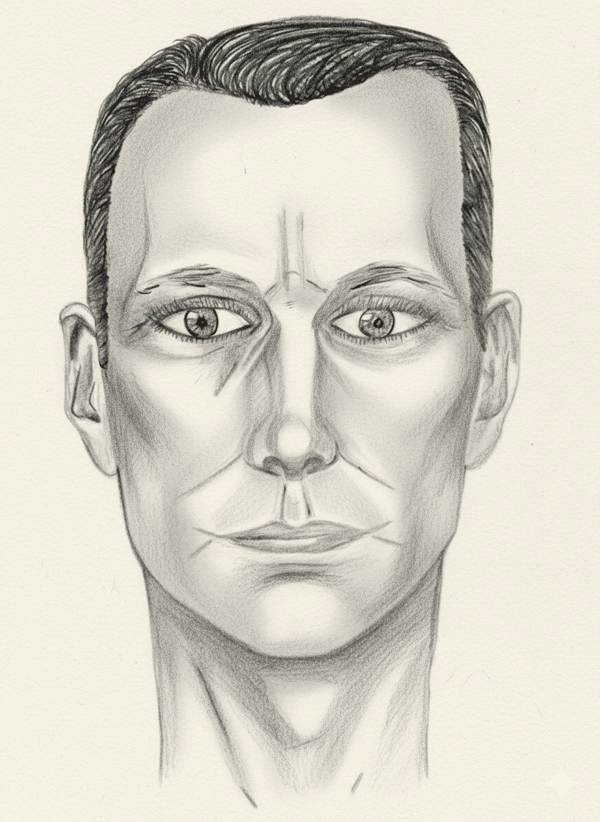 Retrato artístico realizado a lápiz que muestra el rostro de un hombre de facciones serenas y mirada profunda. Un dibujo original de Anlli Murillo que simboliza el duelo y memoria tras la mudanza infinita de un padre.