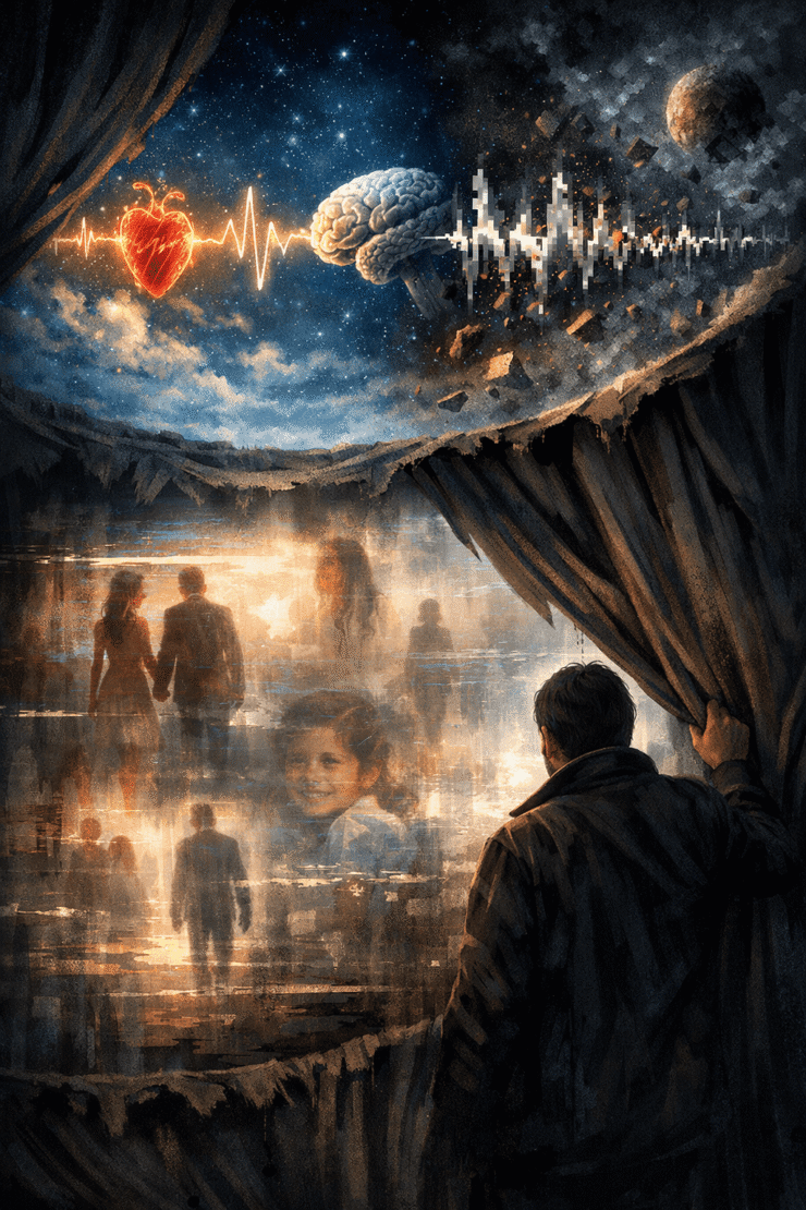 Vida ausente: Un hombre observa desde la penumbra escenas borrosas de su identidad detrás de un telón. Ilustración conceptual sobre la ruptura del código entre el corazón y el cerebro en The GOA Media.
