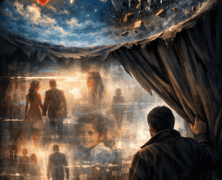 Vida ausente: Un hombre observa desde la penumbra escenas borrosas de su identidad detrás de un telón. Ilustración conceptual sobre la ruptura del código entre el corazón y el cerebro en The GOA Media.