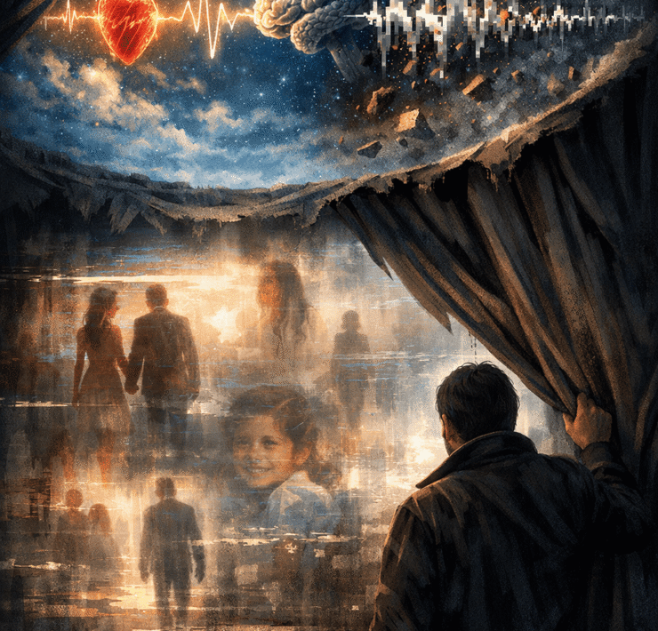 Vida ausente: Un hombre observa desde la penumbra escenas borrosas de su identidad detrás de un telón. Ilustración conceptual sobre la ruptura del código entre el corazón y el cerebro en The GOA Media.