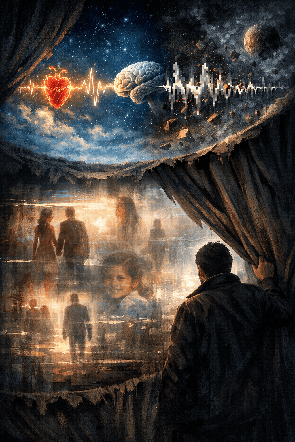 Vida ausente: Un hombre observa desde la penumbra escenas borrosas de su identidad detrás de un telón. Ilustración conceptual sobre la ruptura del código entre el corazón y el cerebro en The GOA Media.