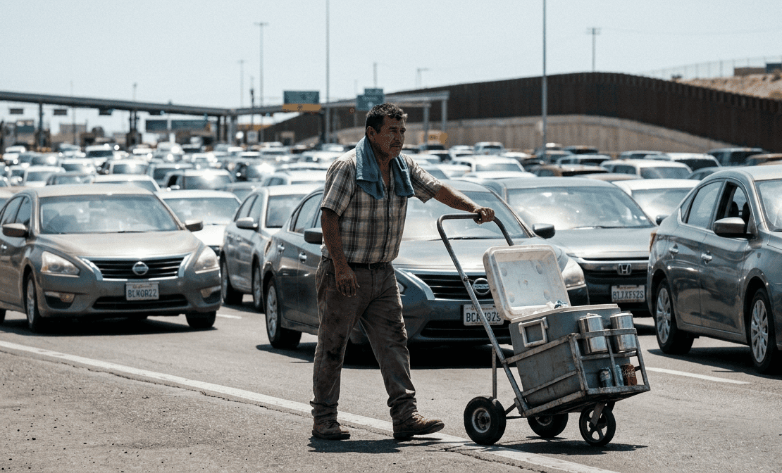 Manuel Antonio en la Garita de san Ysidro: Imagen de un hombre con un trapo azul rey sobre los hombros mientras empuja un carrito metálico de refrescos. Al fondo, una fila interminable de vehículos transita la frontera entre Tijuana y San Diego bajo un sol intenso.