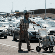 Manuel Antonio en la Garita de san Ysidro: Imagen de un hombre con un trapo azul rey sobre los hombros mientras empuja un carrito metálico de refrescos. Al fondo, una fila interminable de vehículos transita la frontera entre Tijuana y San Diego bajo un sol intenso.