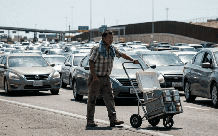Manuel Antonio en la Garita de san Ysidro: Imagen de un hombre con un trapo azul rey sobre los hombros mientras empuja un carrito metálico de refrescos. Al fondo, una fila interminable de vehículos transita la frontera entre Tijuana y San Diego bajo un sol intenso.
