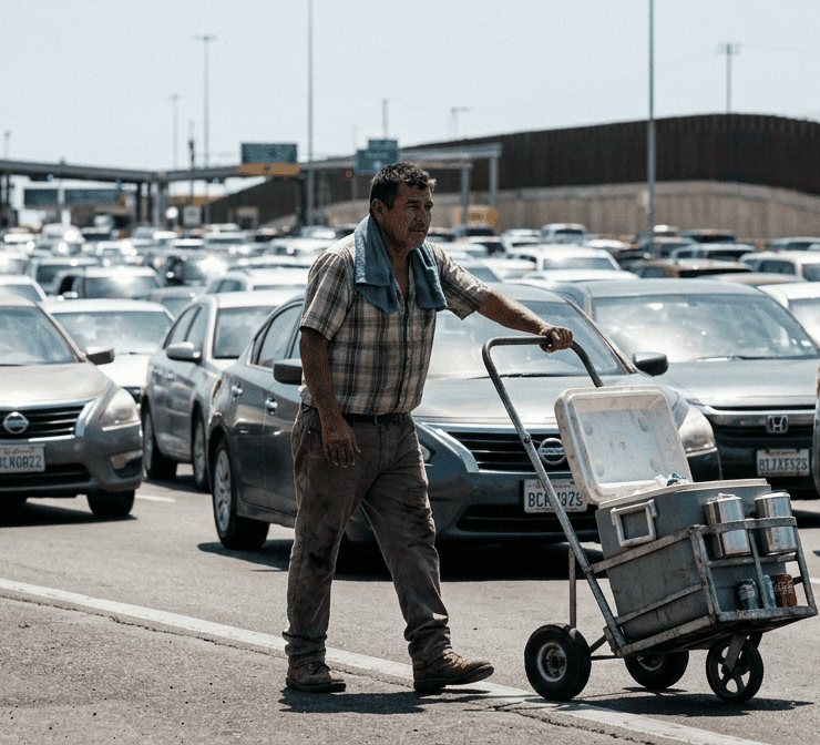 Manuel Antonio en la Garita de san Ysidro: Imagen de un hombre con un trapo azul rey sobre los hombros mientras empuja un carrito metálico de refrescos. Al fondo, una fila interminable de vehículos transita la frontera entre Tijuana y San Diego bajo un sol intenso.