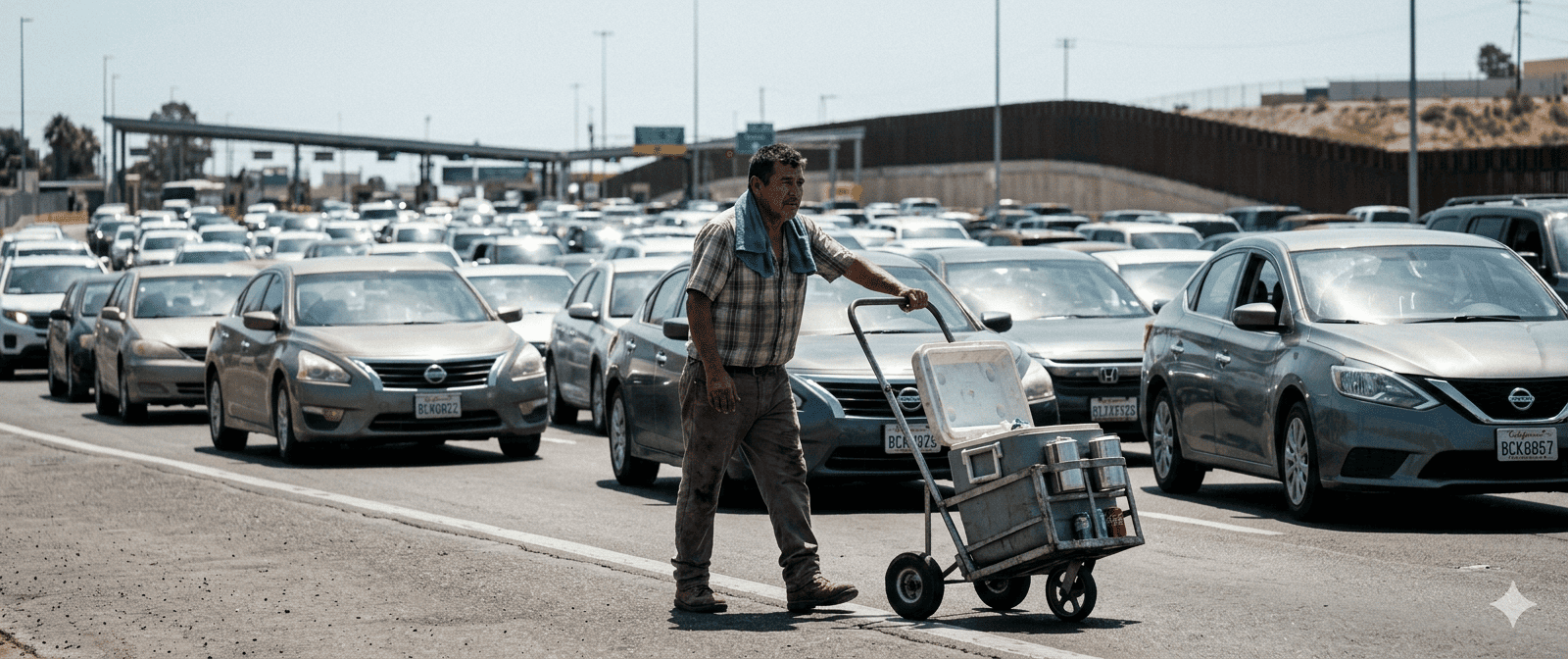 Manuel Antonio en la Garita de san Ysidro: Imagen de un hombre con un trapo azul rey sobre los hombros mientras empuja un carrito metálico de refrescos. Al fondo, una fila interminable de vehículos transita la frontera entre Tijuana y San Diego bajo un sol intenso.
