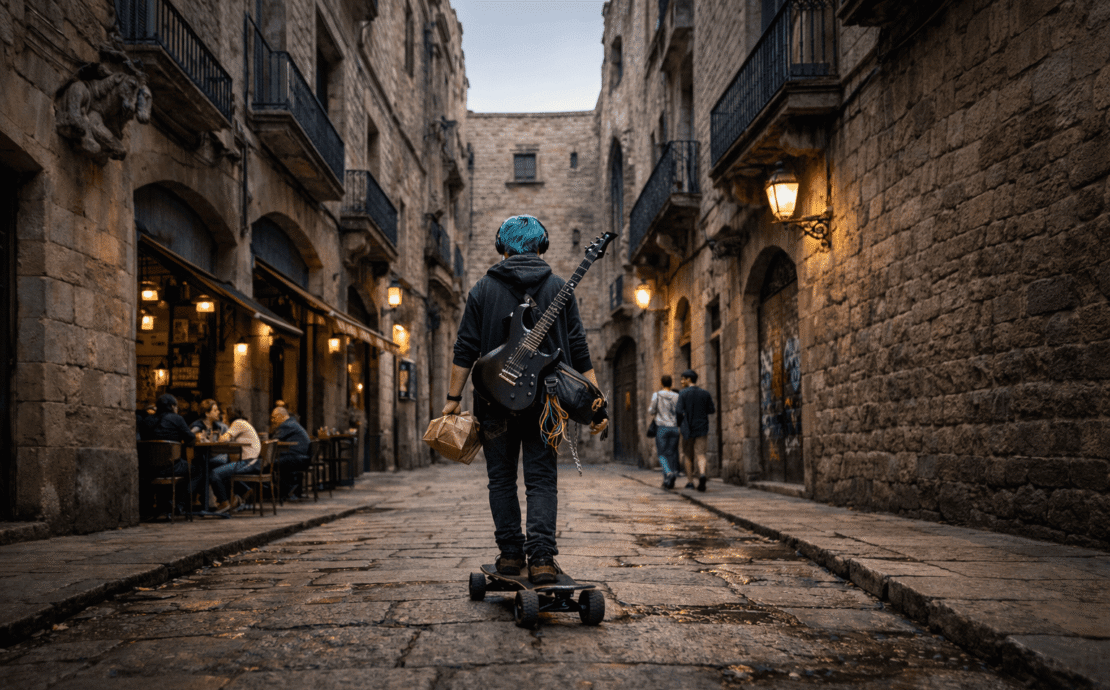 Simón en Barcelona: Imagen de un joven de 22 años con cabello azul turquesa, visto de espaldas mientras recorre en monopatín un callejón gótico del barrio del Born. Lleva una guitarra eléctrica negra colgada y audífonos, rodeado de fachadas de piedra y balcones de hierro.