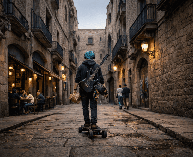 Simón en Barcelona: Imagen de un joven de 22 años con cabello azul turquesa, visto de espaldas mientras recorre en monopatín un callejón gótico del barrio del Born. Lleva una guitarra eléctrica negra colgada y audífonos, rodeado de fachadas de piedra y balcones de hierro.