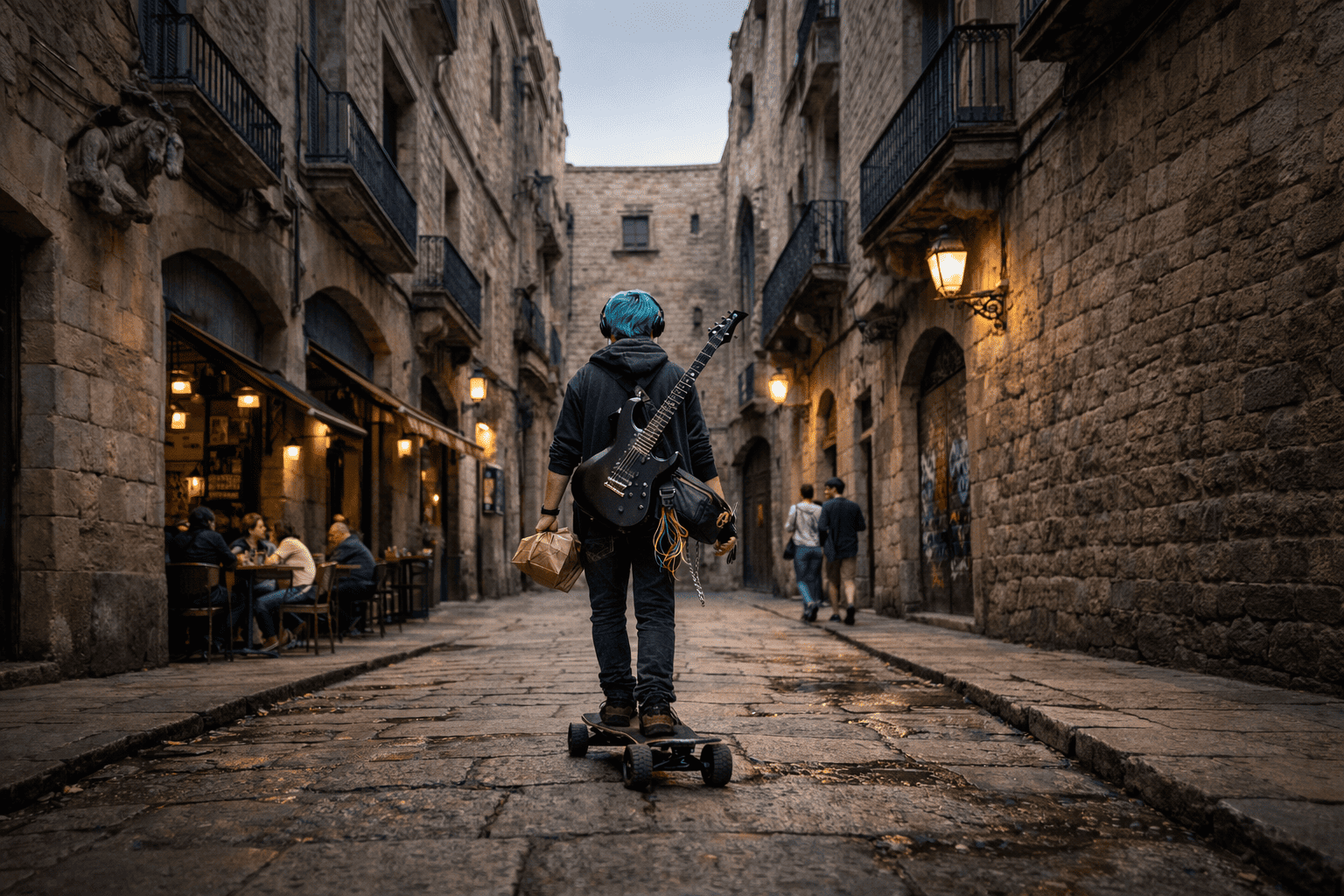 Simón en Barcelona: Imagen de un joven de 22 años con cabello azul turquesa, visto de espaldas mientras recorre en monopatín un callejón gótico del barrio del Born. Lleva una guitarra eléctrica negra colgada y audífonos, rodeado de fachadas de piedra y balcones de hierro.