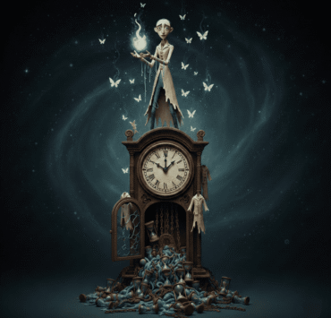 La última vela somos nosotros: Ilustración surrealista de una persona encima de un reloj con mirada melancólica y profunda que sostiene entre sus manos una esencia luminosa y frágil que representa el alma. Diversos relojes de arena flotan en una nebulosa oscura, simbolizando el despojo de la piel y el tiempo en el proceso de transmutación del ser.