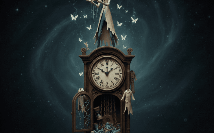 La última vela somos nosotros: Ilustración surrealista de una persona encima de un reloj con mirada melancólica y profunda que sostiene entre sus manos una esencia luminosa y frágil que representa el alma. Diversos relojes de arena flotan en una nebulosa oscura, simbolizando el despojo de la piel y el tiempo en el proceso de transmutación del ser.