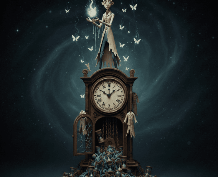 La última vela somos nosotros: Ilustración surrealista de una persona encima de un reloj con mirada melancólica y profunda que sostiene entre sus manos una esencia luminosa y frágil que representa el alma. Diversos relojes de arena flotan en una nebulosa oscura, simbolizando el despojo de la piel y el tiempo en el proceso de transmutación del ser.