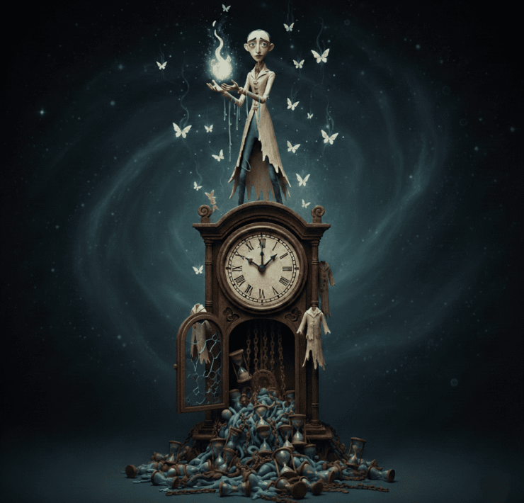 La última vela somos nosotros: Ilustración surrealista de una persona encima de un reloj con mirada melancólica y profunda que sostiene entre sus manos una esencia luminosa y frágil que representa el alma. Diversos relojes de arena flotan en una nebulosa oscura, simbolizando el despojo de la piel y el tiempo en el proceso de transmutación del ser.