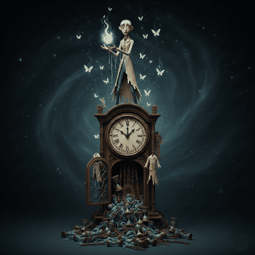La última vela somos nosotros: Ilustración surrealista de una persona encima de un reloj con mirada melancólica y profunda que sostiene entre sus manos una esencia luminosa y frágil que representa el alma. Diversos relojes de arena flotan en una nebulosa oscura, simbolizando el despojo de la piel y el tiempo en el proceso de transmutación del ser.