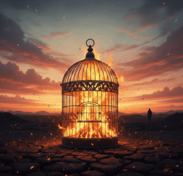 Relato de una promesa rota: Jaula antigua envuelta en llamas bajo un cielo naranja de atardecer. Ilustración conceptual sobre la liberación emocional y el fin del tormento en La Jaula Negra.