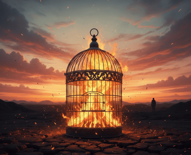 Relato de una promesa rota: Jaula antigua envuelta en llamas bajo un cielo naranja de atardecer. Ilustración conceptual sobre la liberación emocional y el fin del tormento en La Jaula Negra.