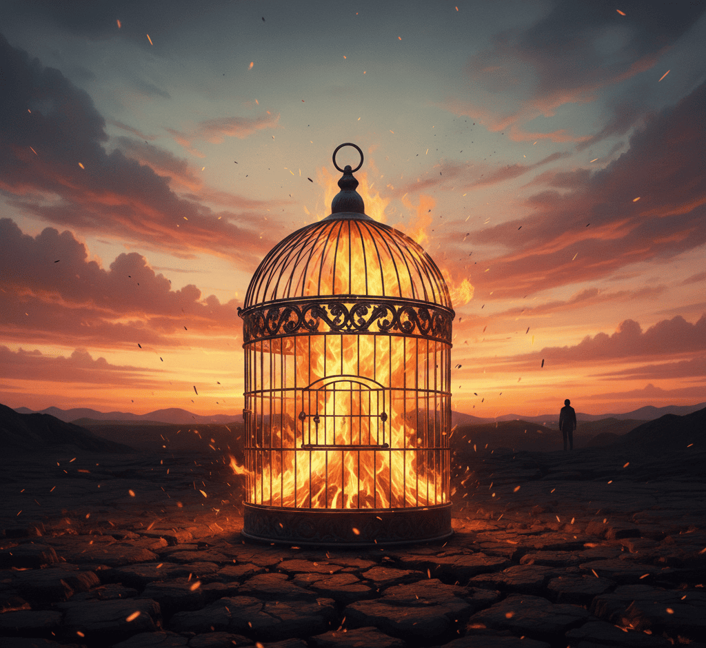 Relato de una promesa rota: Jaula antigua envuelta en llamas bajo un cielo naranja de atardecer. Ilustración conceptual sobre la liberación emocional y el fin del tormento en La Jaula Negra.