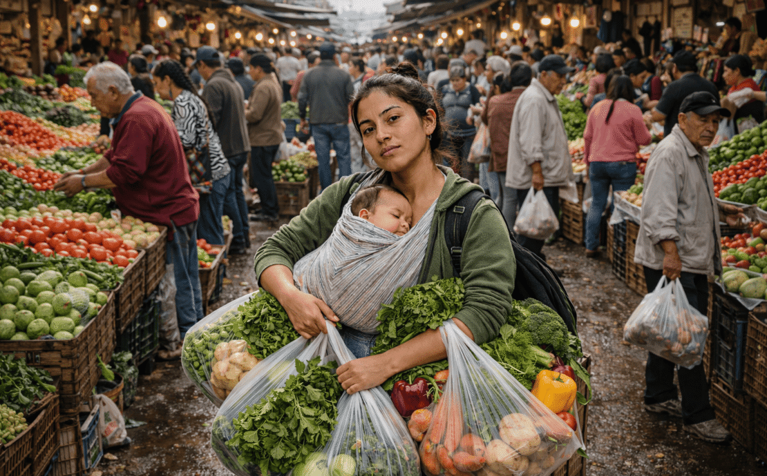 Trinidad en la vega central de Santiago: Imagen de una mujer joven cargando a su bebé en el pecho envuelto en tela; lleva un morral negro y sostiene bolsas plásticas con verduras. Al fondo, la plaza de mercado con canastas y personas en tránsito.