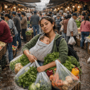 Trinidad en la vega central de Santiago: Imagen de una mujer joven cargando a su bebé en el pecho envuelto en tela; lleva un morral negro y sostiene bolsas plásticas con verduras. Al fondo, la plaza de mercado con canastas y personas en tránsito.