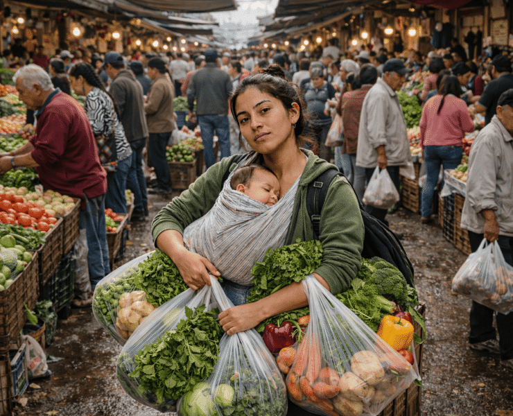 Trinidad en la vega central de Santiago: Imagen de una mujer joven cargando a su bebé en el pecho envuelto en tela; lleva un morral negro y sostiene bolsas plásticas con verduras. Al fondo, la plaza de mercado con canastas y personas en tránsito.