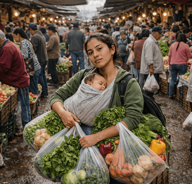 Trinidad en la vega central de Santiago: Imagen de una mujer joven cargando a su bebé en el pecho envuelto en tela; lleva un morral negro y sostiene bolsas plásticas con verduras. Al fondo, la plaza de mercado con canastas y personas en tránsito.