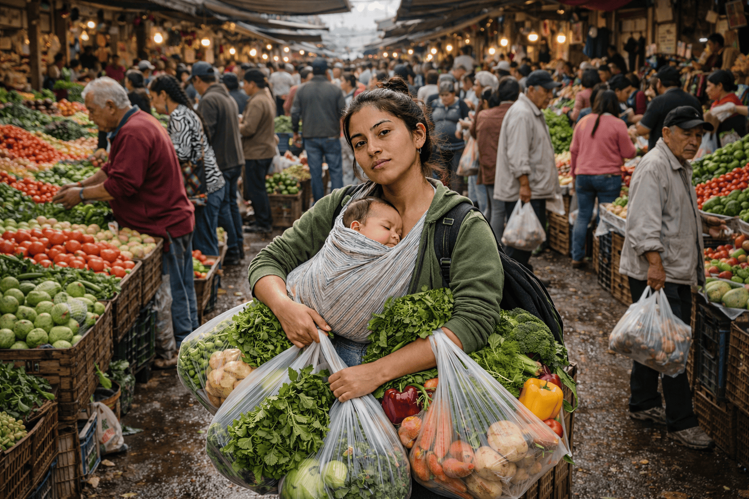 Trinidad en la vega central de Santiago: Imagen de una mujer joven cargando a su bebé en el pecho envuelto en tela; lleva un morral negro y sostiene bolsas plásticas con verduras. Al fondo, la plaza de mercado con canastas y personas en tránsito.