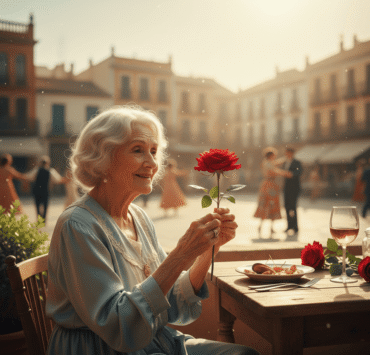 Relato sobre el olvido y la memoria: Ilustración generada por IA en tonos cálidos y dorados de una mujer mayor con cabello blanco y expresión radiante. Sostiene con delicadeza una rosa roja frente a ella. Al fondo, una plaza soleada con arquitectura clásica y parejas bailando, evocando un amor de juventud. Representación artística de la memoria y el guardián que protege la fragilidad de los recuerdos