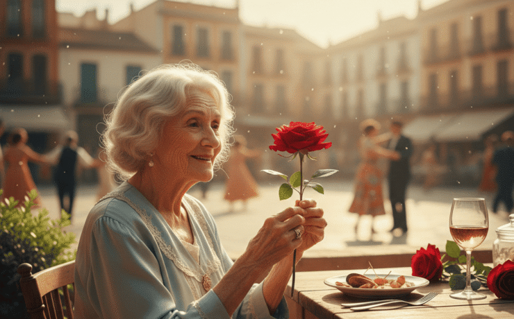 Relato sobre el olvido y la memoria: Ilustración generada por IA en tonos cálidos y dorados de una mujer mayor con cabello blanco y expresión radiante. Sostiene con delicadeza una rosa roja frente a ella. Al fondo, una plaza soleada con arquitectura clásica y parejas bailando, evocando un amor de juventud. Representación artística de la memoria y el guardián que protege la fragilidad de los recuerdos