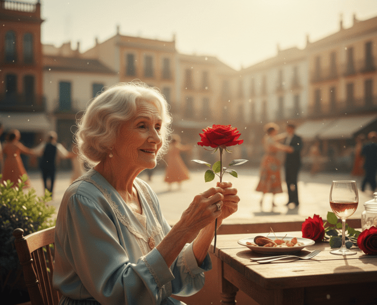 Relato sobre el olvido y la memoria: Ilustración generada por IA en tonos cálidos y dorados de una mujer mayor con cabello blanco y expresión radiante. Sostiene con delicadeza una rosa roja frente a ella. Al fondo, una plaza soleada con arquitectura clásica y parejas bailando, evocando un amor de juventud. Representación artística de la memoria y el guardián que protege la fragilidad de los recuerdos