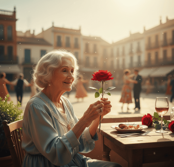 Relato sobre el olvido y la memoria: Ilustración generada por IA en tonos cálidos y dorados de una mujer mayor con cabello blanco y expresión radiante. Sostiene con delicadeza una rosa roja frente a ella. Al fondo, una plaza soleada con arquitectura clásica y parejas bailando, evocando un amor de juventud. Representación artística de la memoria y el guardián que protege la fragilidad de los recuerdos