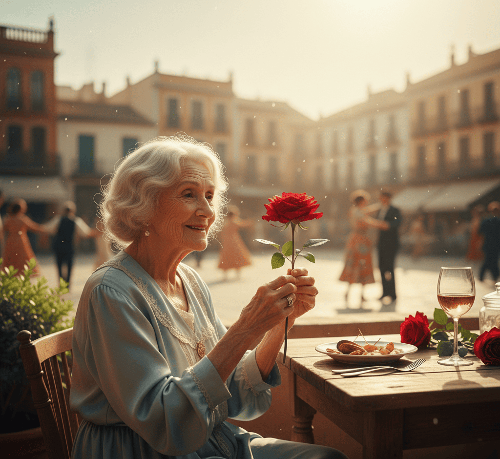Relato sobre el olvido y la memoria: Ilustración generada por IA en tonos cálidos y dorados de una mujer mayor con cabello blanco y expresión radiante. Sostiene con delicadeza una rosa roja frente a ella. Al fondo, una plaza soleada con arquitectura clásica y parejas bailando, evocando un amor de juventud. Representación artística de la memoria y el guardián que protege la fragilidad de los recuerdos