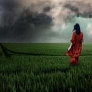 Fotografía de una mujer de espaldas con un vestido rojo largo, caminando sola por un inmenso campo de trigo verde. Al fondo, un cielo dramático cubierto de nubes negras de tormenta. La imagen evoca una profunda sensación de soledad y desamparo emocional ante la incertidumbre del horizonte.