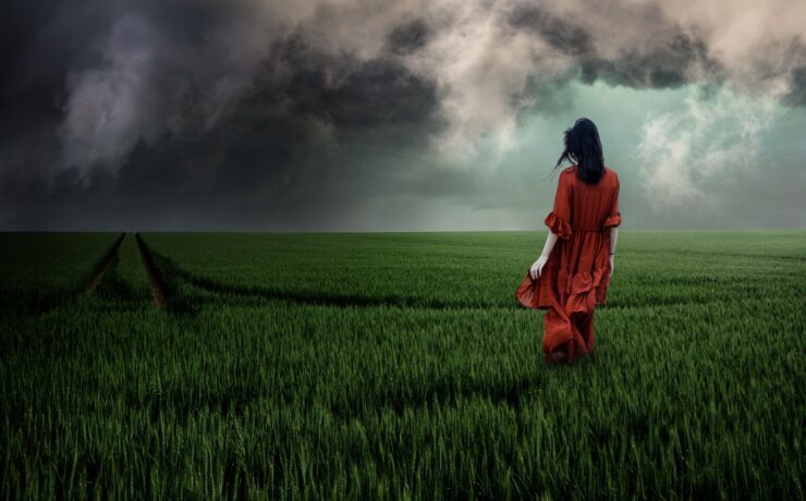 Fotografía de una mujer de espaldas con un vestido rojo largo, caminando sola por un inmenso campo de trigo verde. Al fondo, un cielo dramático cubierto de nubes negras de tormenta. La imagen evoca una profunda sensación de soledad y desamparo emocional ante la incertidumbre del horizonte.