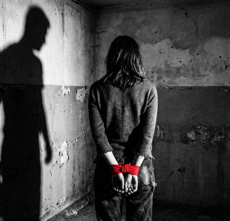 Fotografía conceptual en blanco y negro de una mujer de espaldas, con las manos atadas por una cinta roja vibrante, en una habitación de hormigón desgastado. A su izquierda, se proyecta una sombra masculina amenazante sobre la pared. Una metáfora visual de la violencia patriarcal y el miedo habitado.