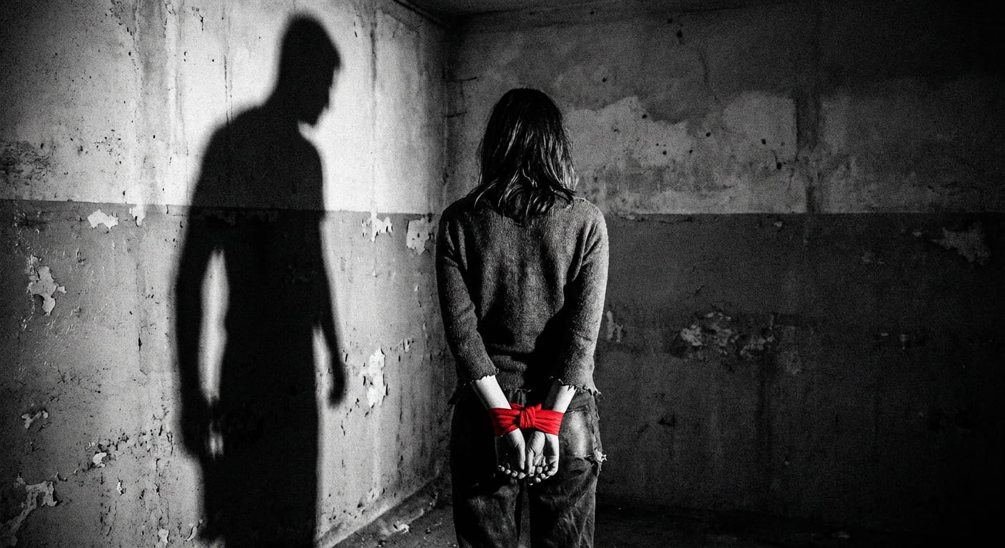 Fotografía conceptual en blanco y negro de una mujer de espaldas, con las manos atadas por una cinta roja vibrante, en una habitación de hormigón desgastado. A su izquierda, se proyecta una sombra masculina amenazante sobre la pared. Una metáfora visual de la violencia patriarcal y el miedo habitado.
